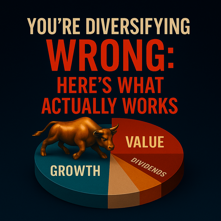 You’re Diversifying Wrong — bold contrarian investing visual showing growth, value, and dividends in an unbalanced pie chart.
